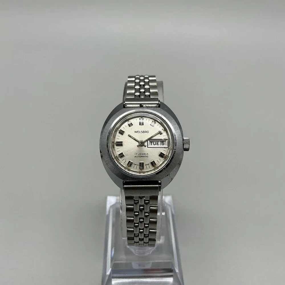 Vintage Welsbro Womens Watch 26mm Silver Tone Swiss Stainless Day Date Automatic
